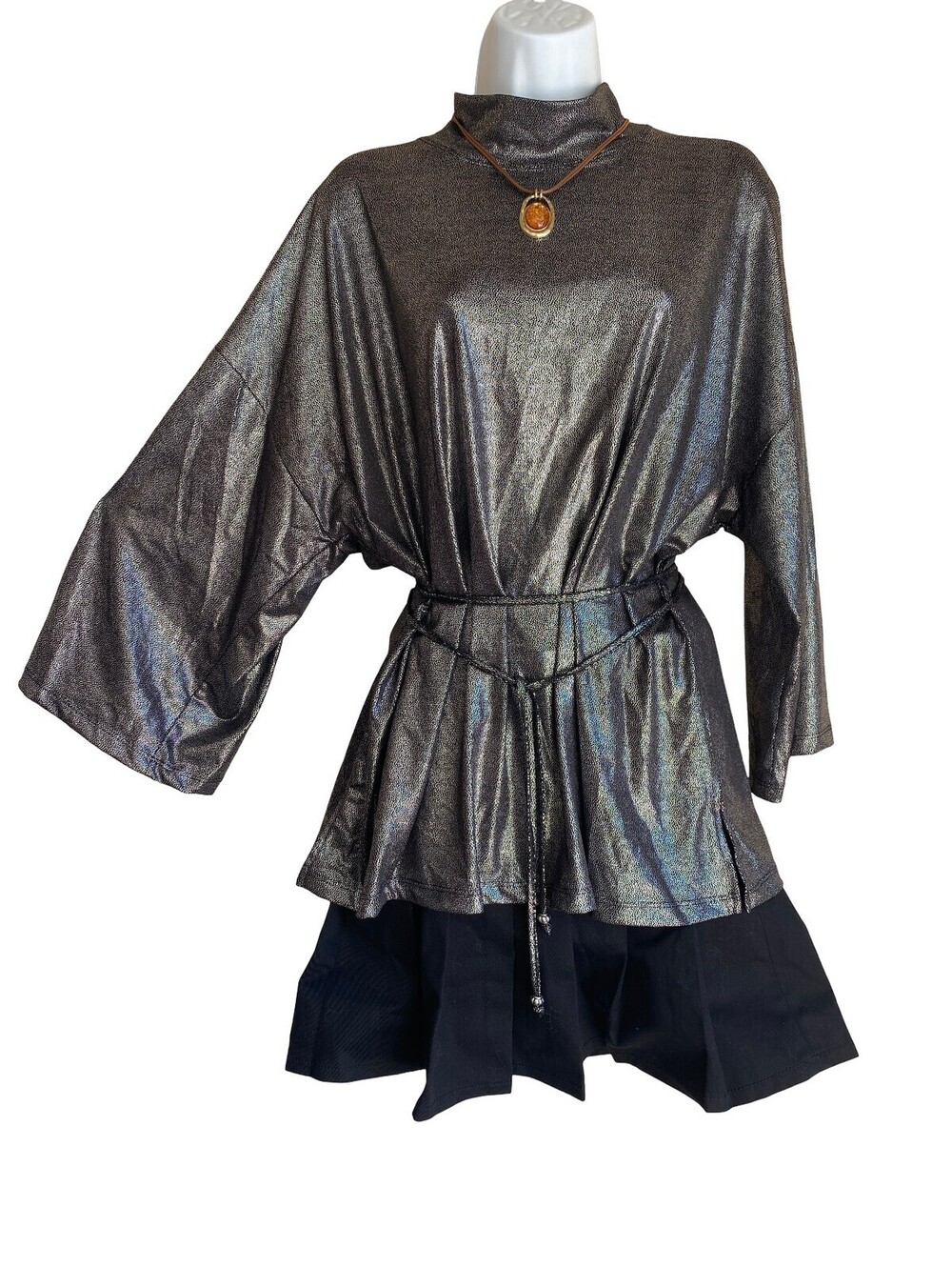 Vintage Plus XL Metallic Charcoal Bell Sleeve Mock Neck Tunic Blouse Whimsigoth
